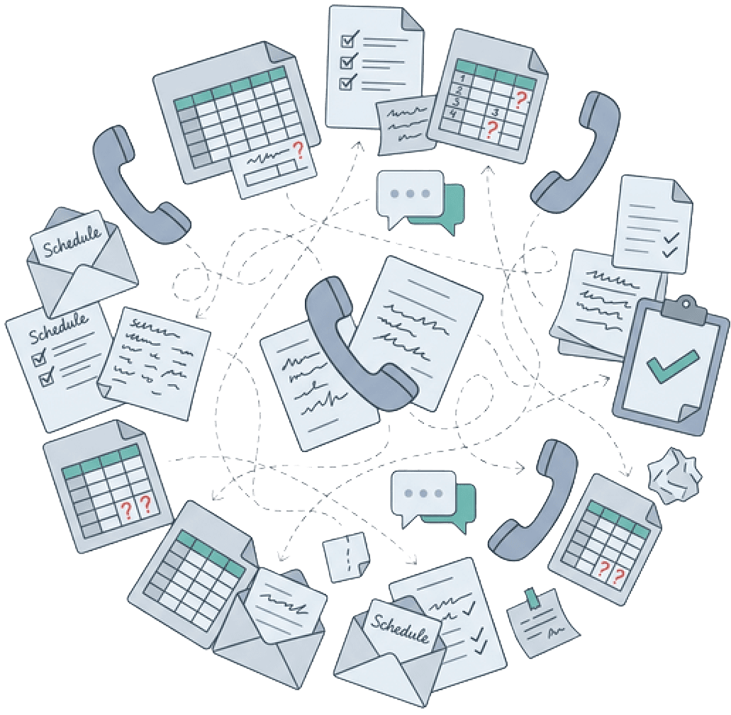 Illustration of fragmented, manual pharmacy staffing workflows: scattered papers, phone calls, and spreadsheets
